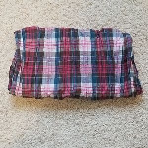 Pink, blue, and gray plaid crinkle scarf